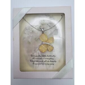 Yellow Butterfly Pendant with Rhinestone Accents on Silver-Tone Chaim